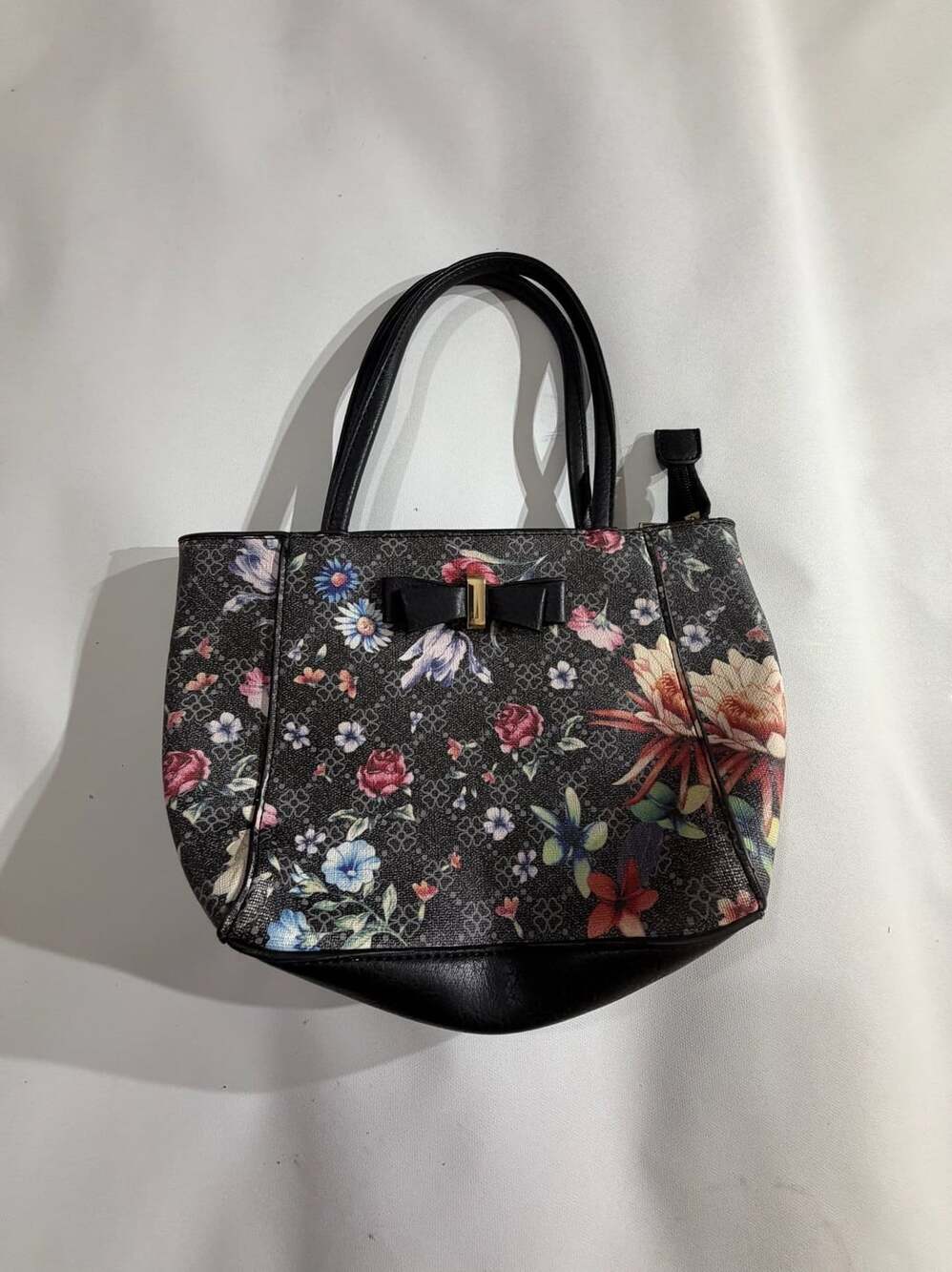 Floral Print Black Faux Leather Shoulder Bag Tote Purse Bow Accent